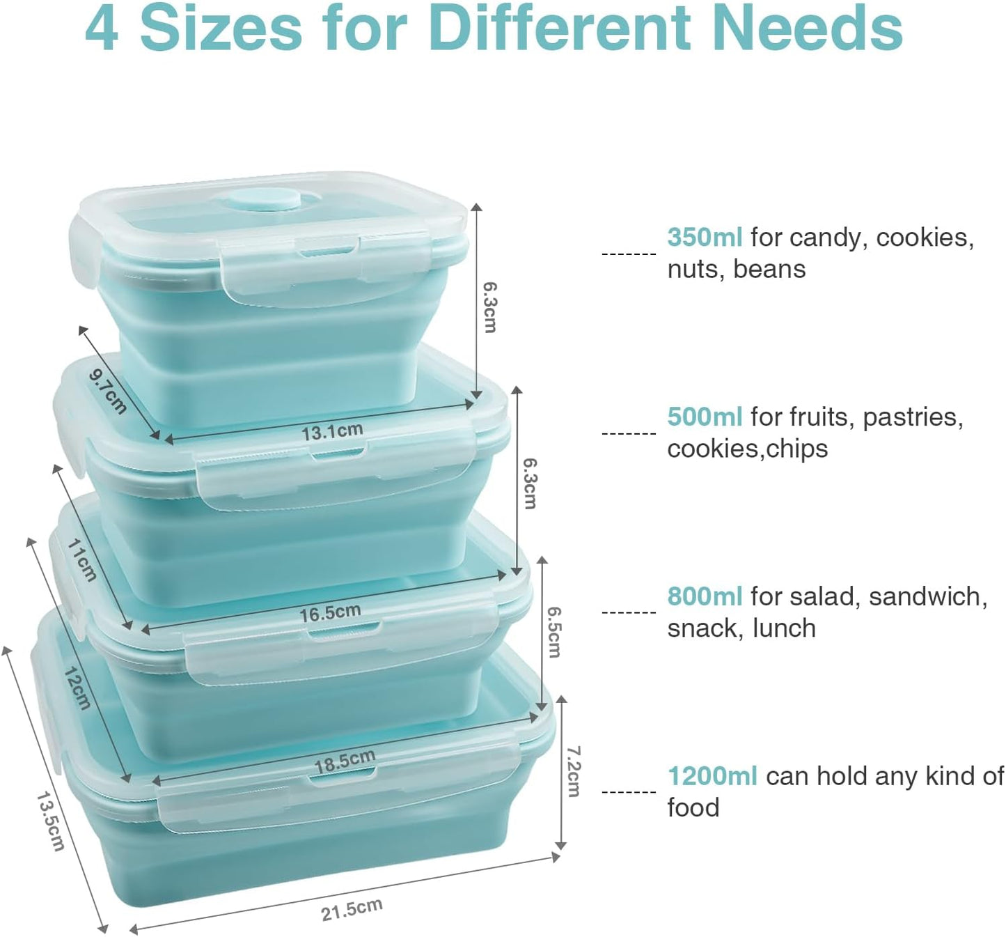 Faltbares Food Container-Set, 4-teilig mit Deckel, Hellblau