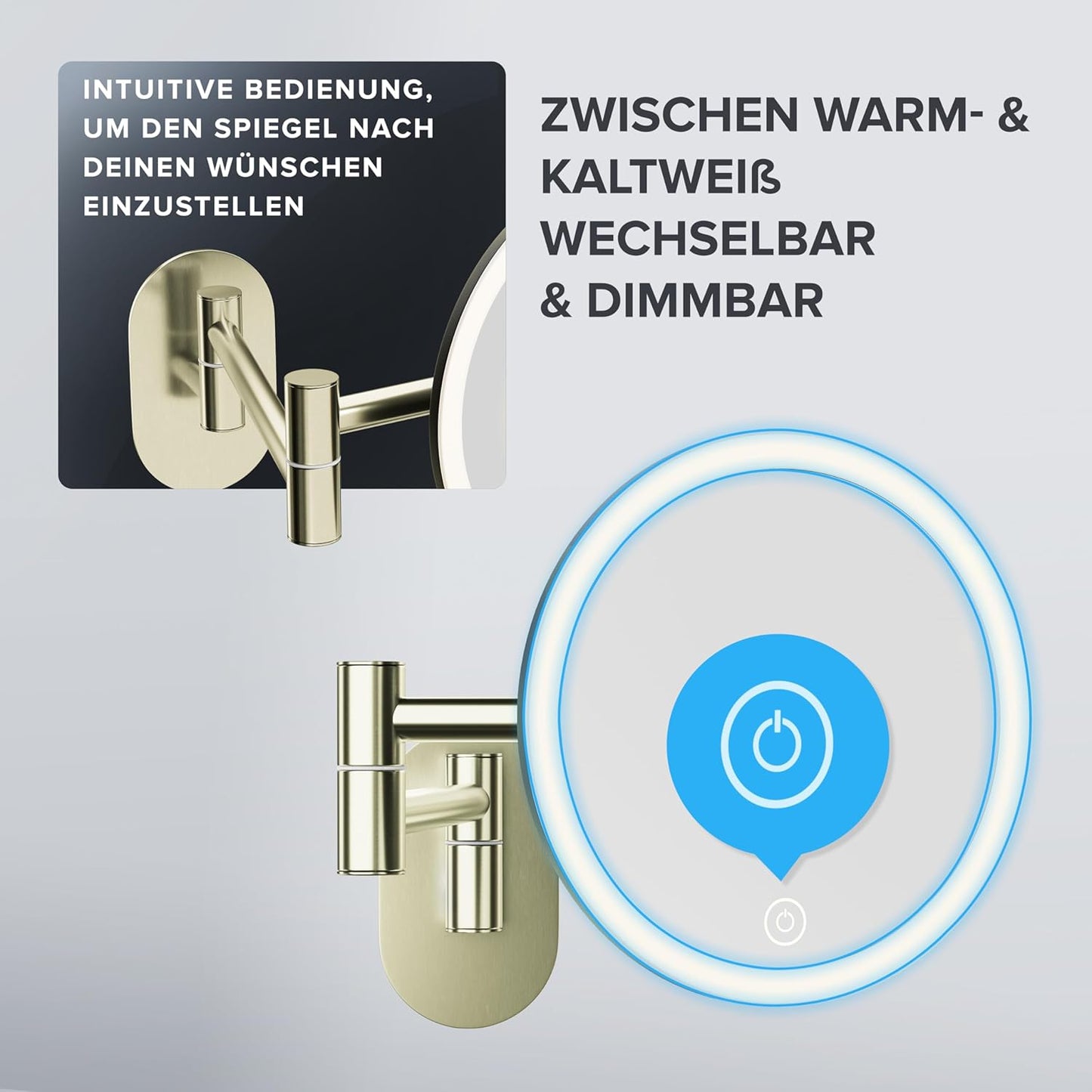 Kosmetikspiegel Blavand mit Beleuchtung und 5-fach Vergrösserung, Gold - Ohne Bohren Zum Kleben