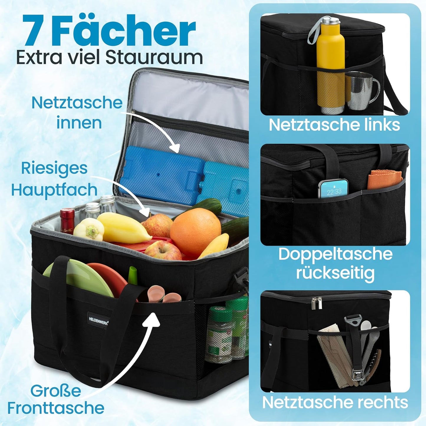 Faltbare Kühltasche mit 7 Fächern, Schwarz 20L (L35 x B23 x H25 cm)