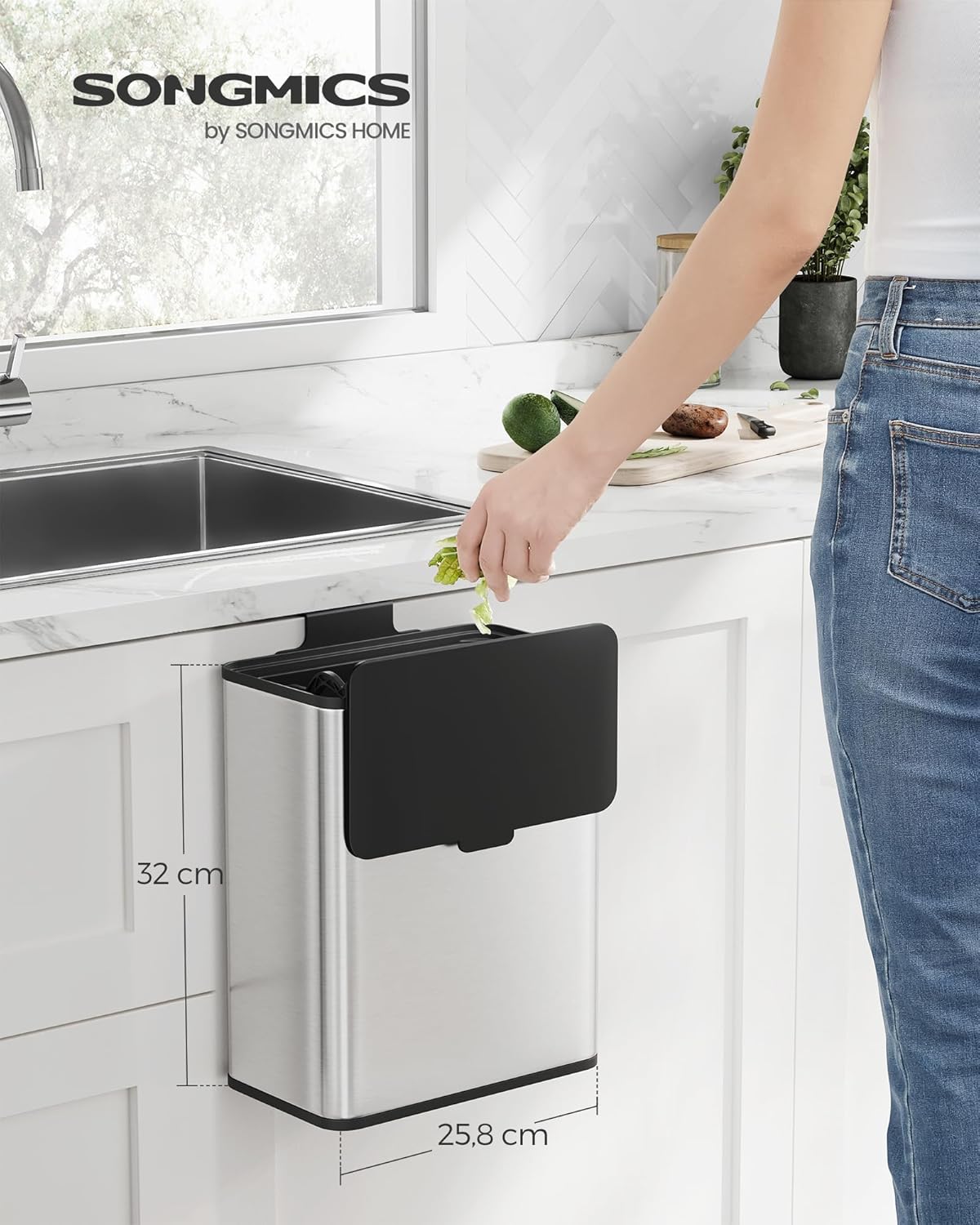 Hängender Küchen-Komposteimer mit Deckel, metallisches Silber