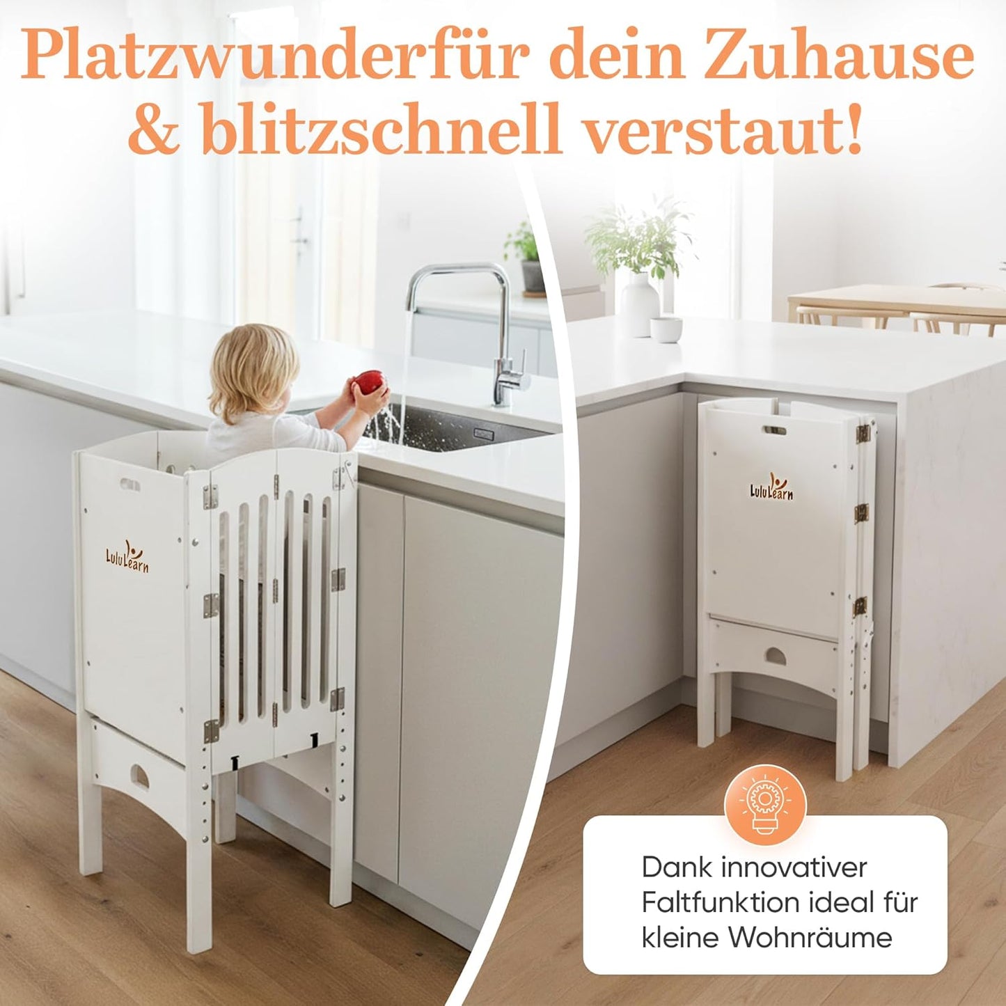 Faltbarer Lernturm ab 1 Jahr, höhenverstellbar, Weiss