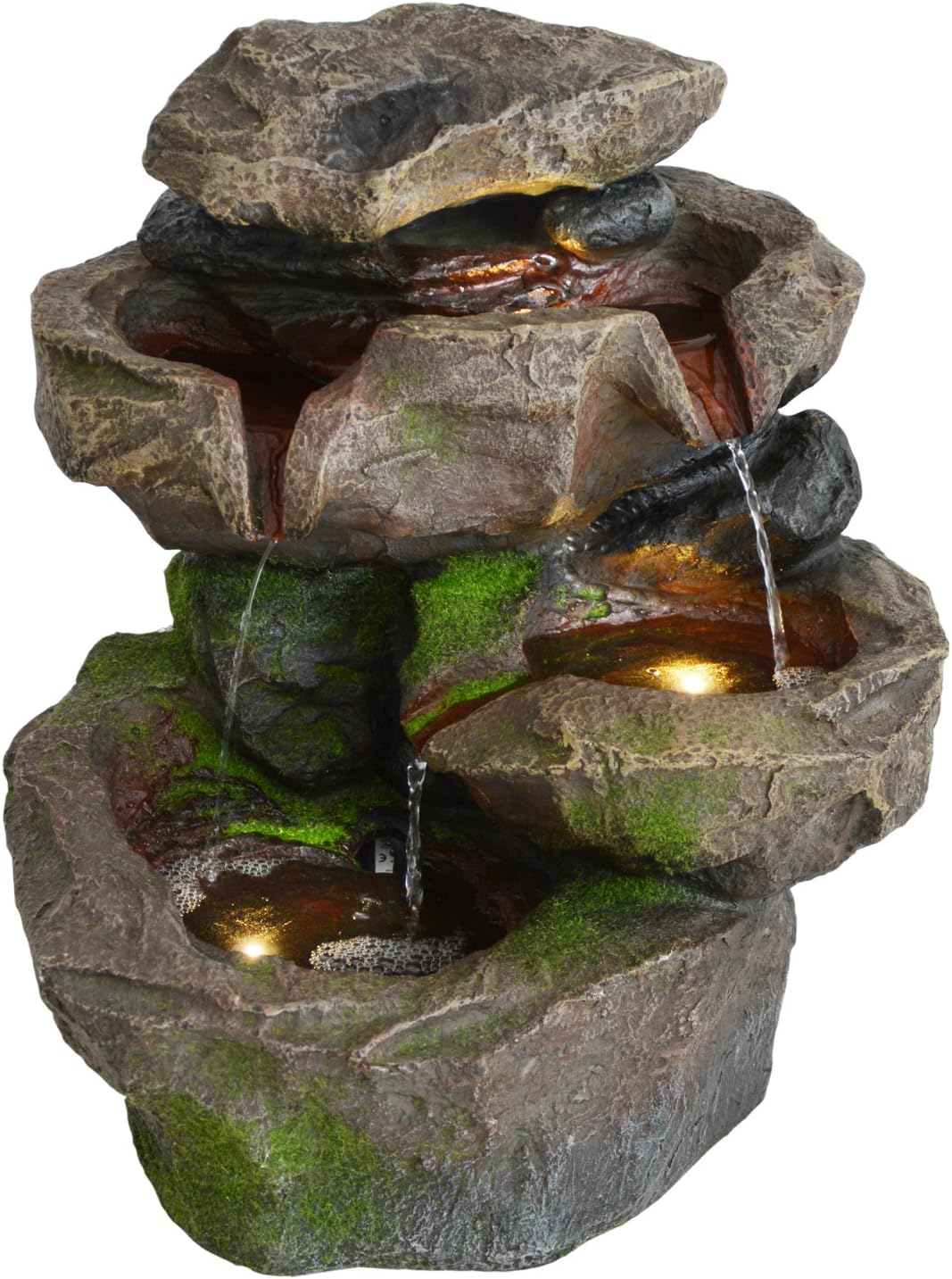 Springbrunnen Stein-Kaskade mit LED-Licht und Wasserfall, Gartenbrunnen Stein-kaskade Schwarzwald mit Led-licht