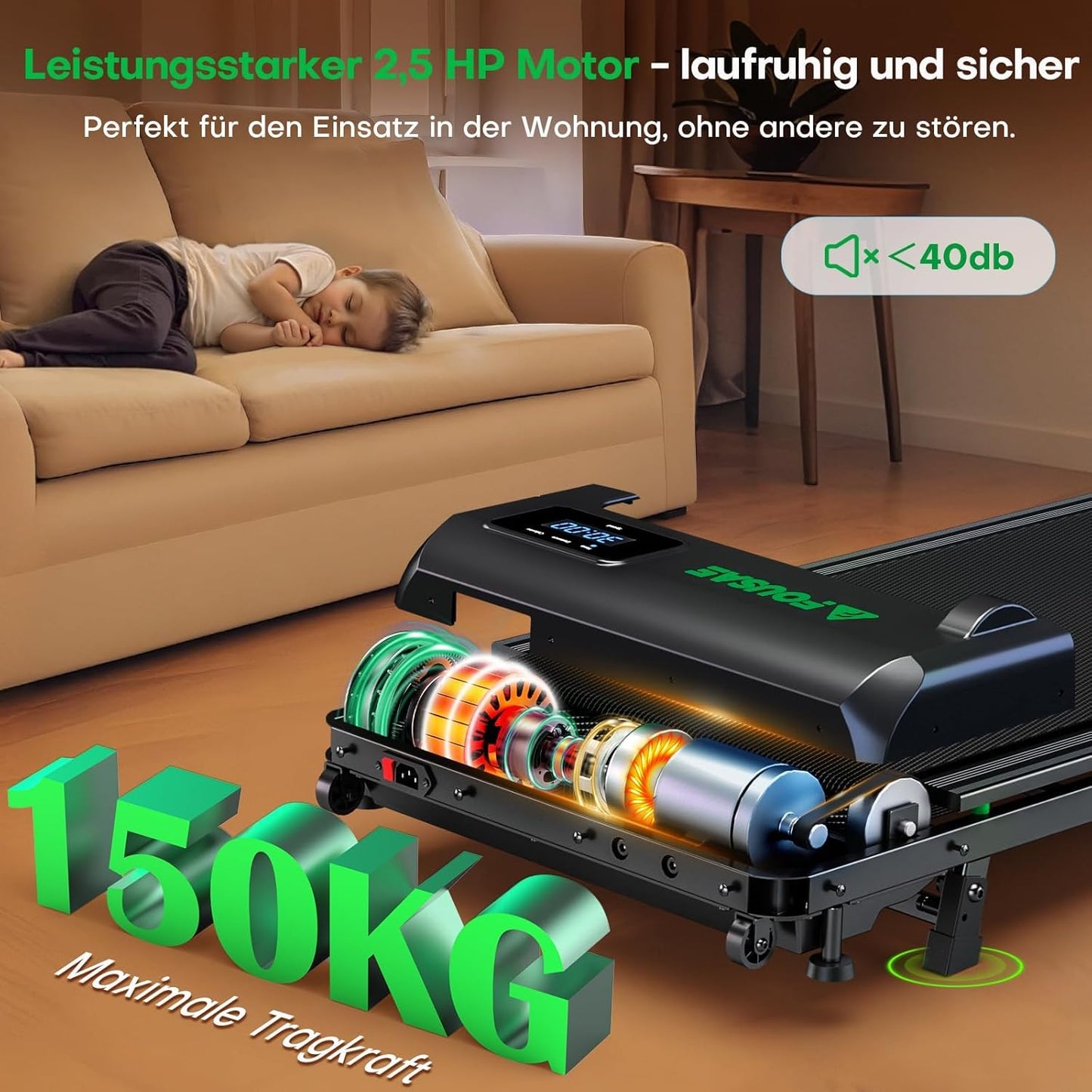 Laufband mit Steigung und Stossdämpfung, Schwarz-Grün