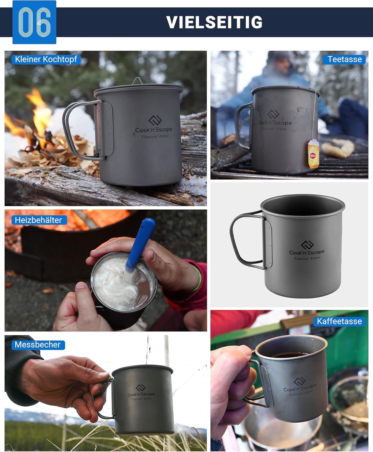 Camping Tasse mit Deckel und faltbarem Griff, 450ml Becher