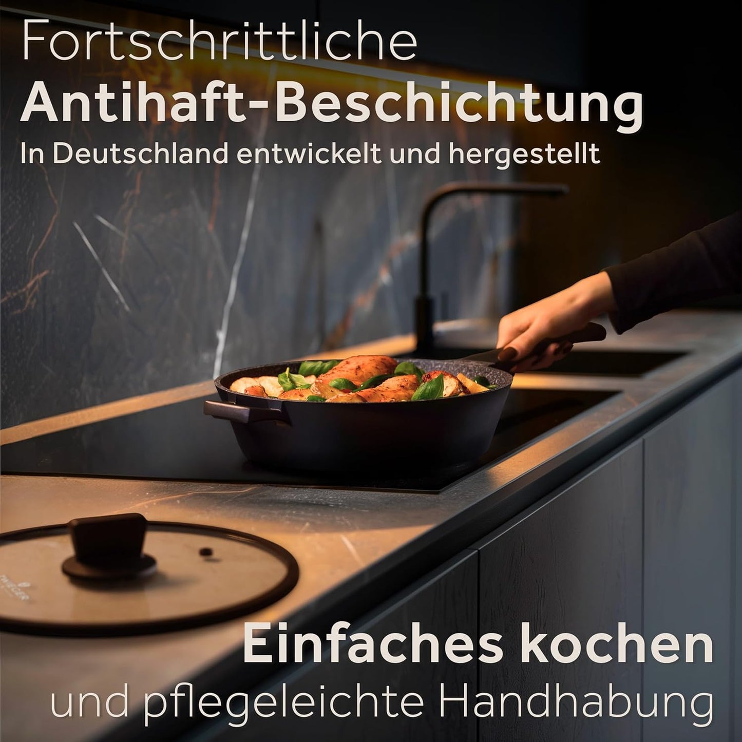 Schmorpfanne 28 cm, Schwarz/Granit 28 cm tief + Deckel