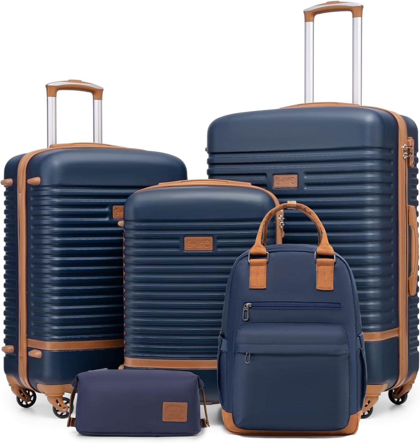 5-teiliges Trolley-Set mit Reiserucksack und Kulturbeutel, Koffer-Set 5tlg / Blau/Braun