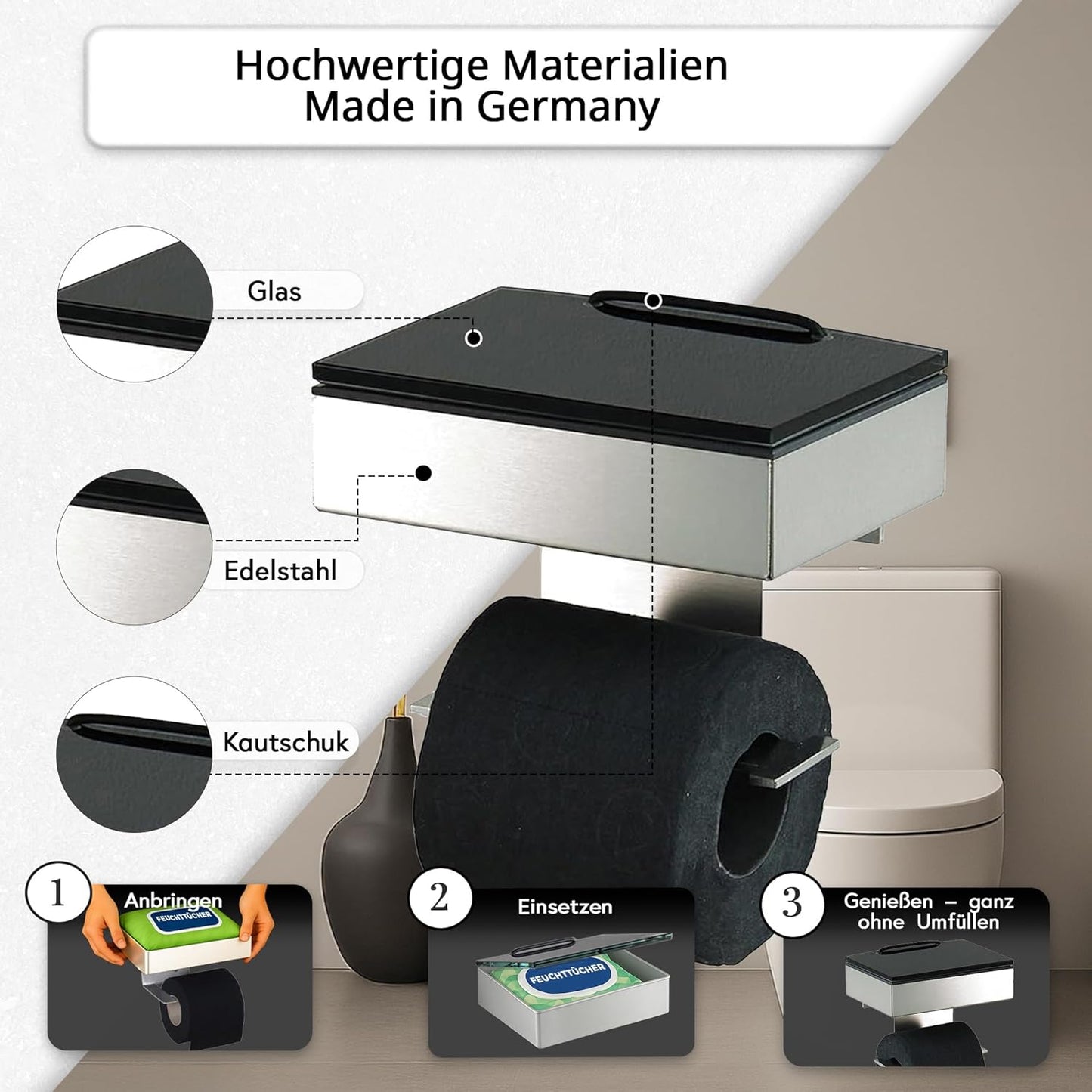 Toilettenpapierhalter mit Feuchttücherbox, Gehäuse Poliert Abdeckung Glas Schwarz
