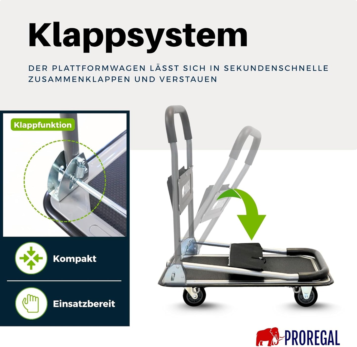 Klappbarer Plattformwagen mit Werkzeugtasche, Traglast 150kg - Vollgummibereifung Schwarz