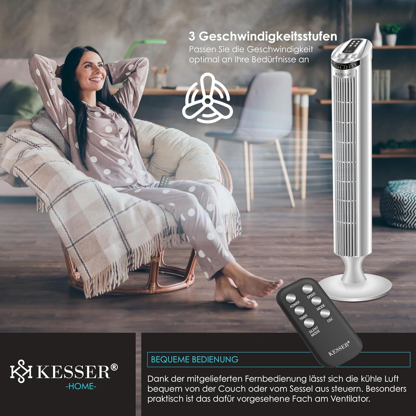 Turmventilator mit Fernbedienung und Timerfunktion, Silber