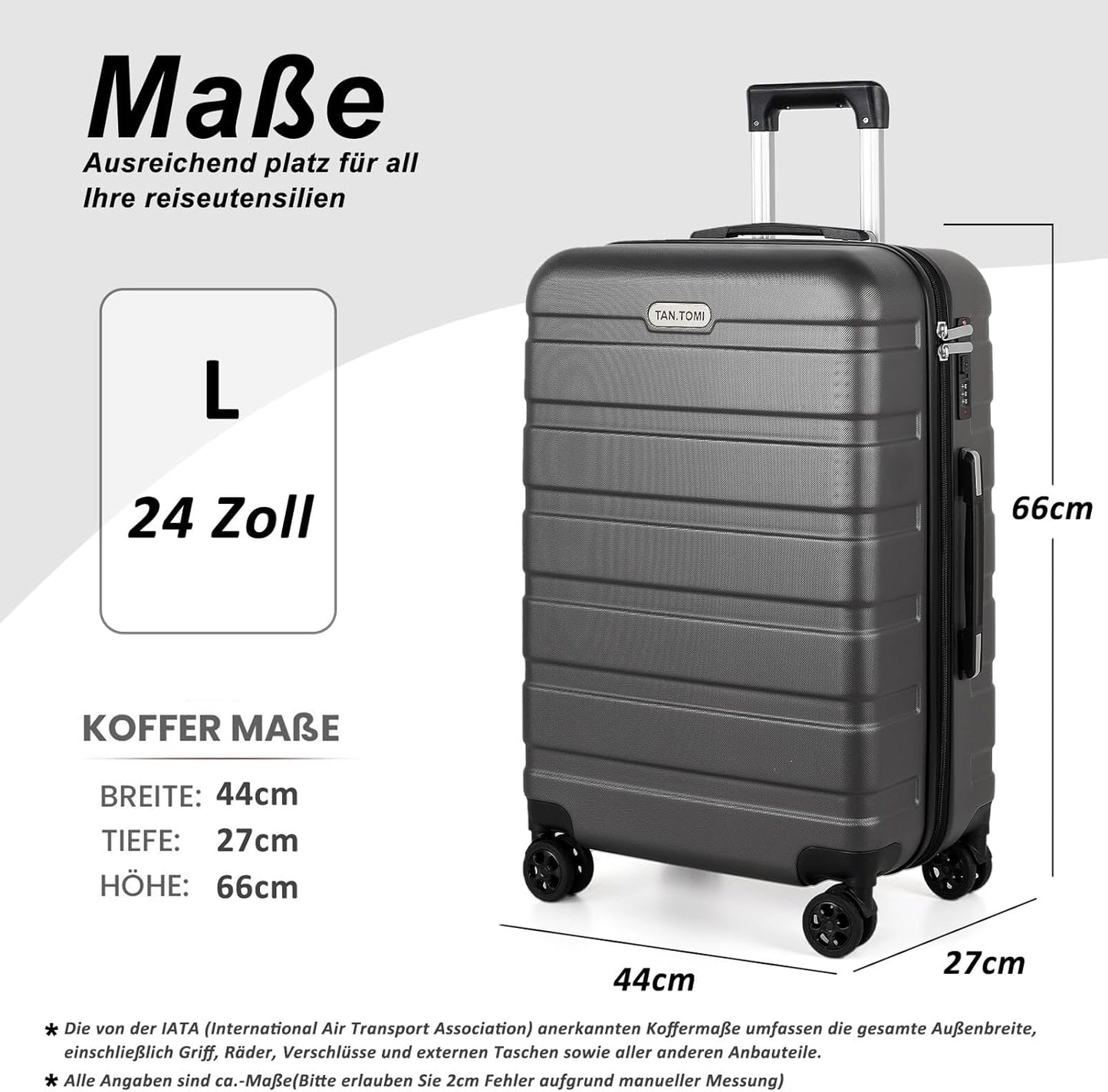 Hartschalenkoffer mit 4 Rollen und Passwortsperre, Dunkelgrau L (24 Zoll)