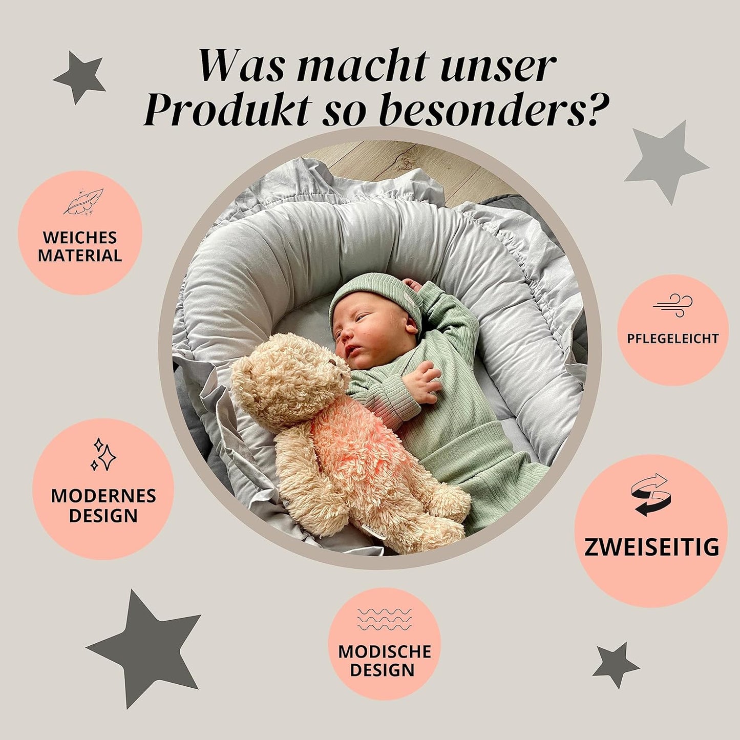 Babynest mit Rüschen für Neugeborene (100% Baumwolle), Grau mit Klappe