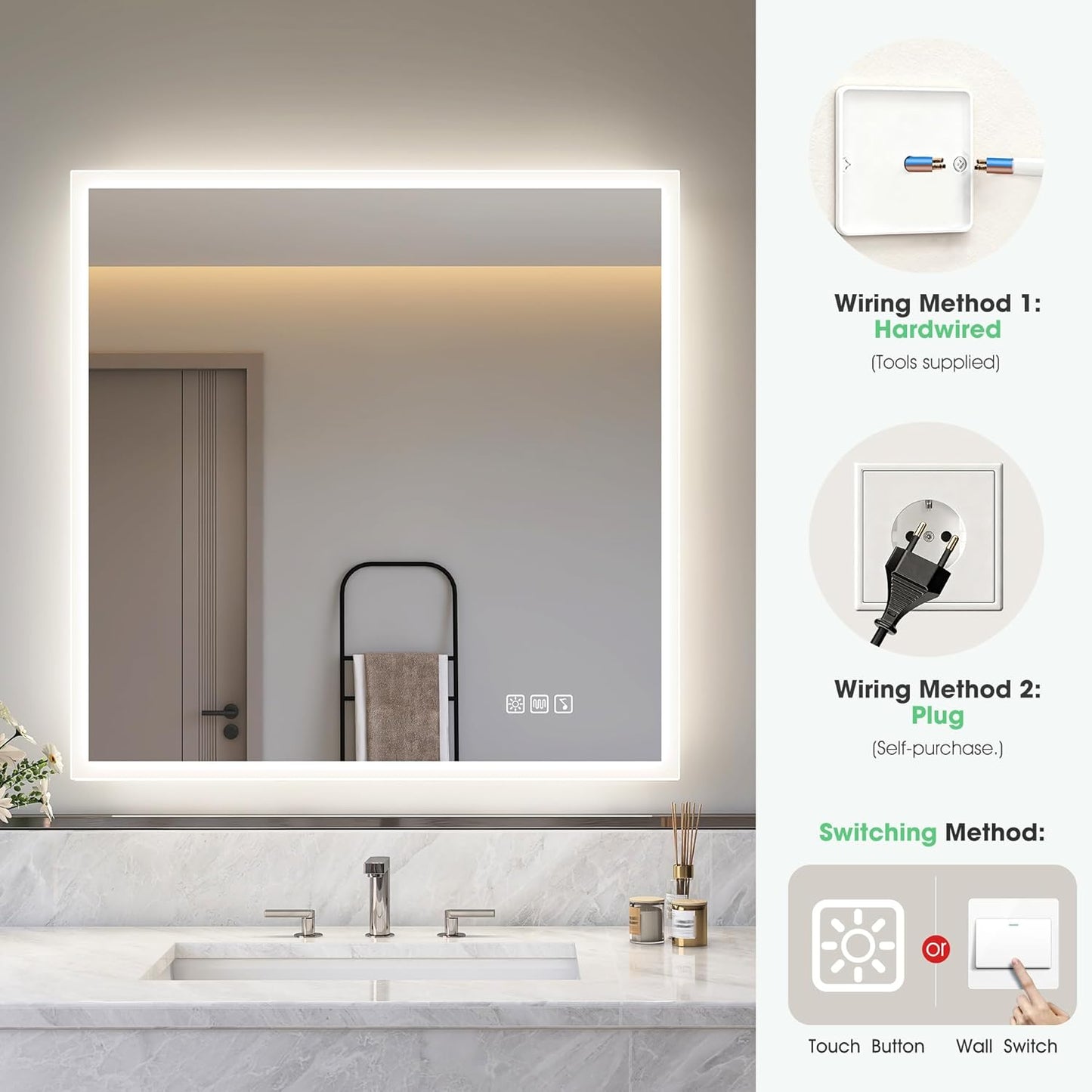 LED-Badspiegel mit Beleuchtung und Bluetooth (80x80 cm), M77 (Bluetooth) 80L x 80B cm