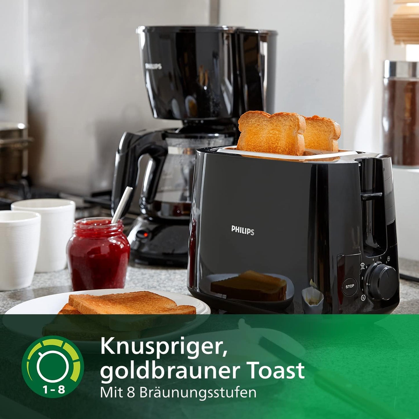 Toaster HD2581/90 mit 2 Schlitzen und Brötchenaufsatz, Toaster ; Schwarz