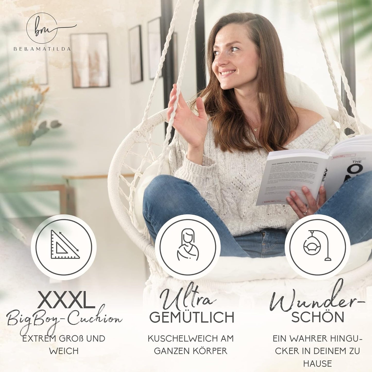 Hängesessel mit Korb & XXXL Kissen, Beige