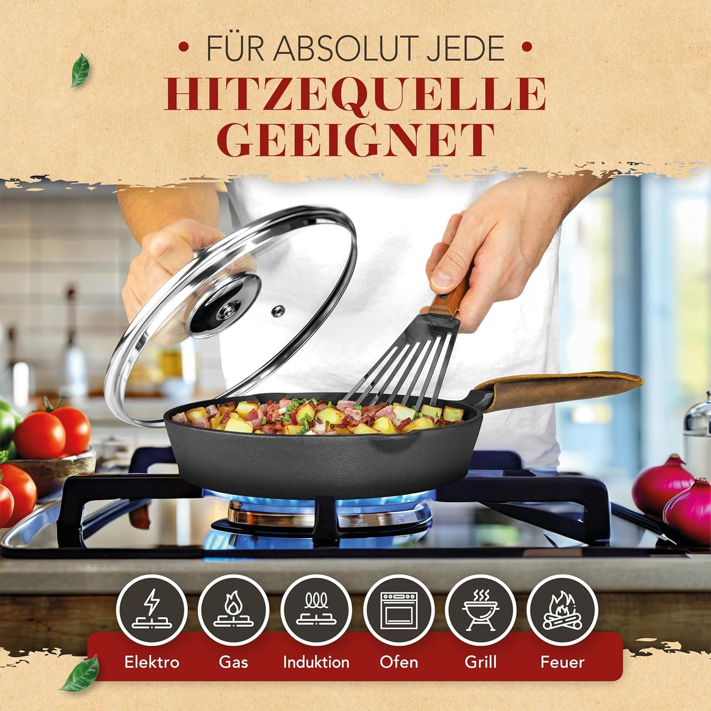 Gusseisenpfanne Induktion 20cm Set mit Deckel & Wender, 20 cm Geschliffene Pfanne + Deckel + Wender