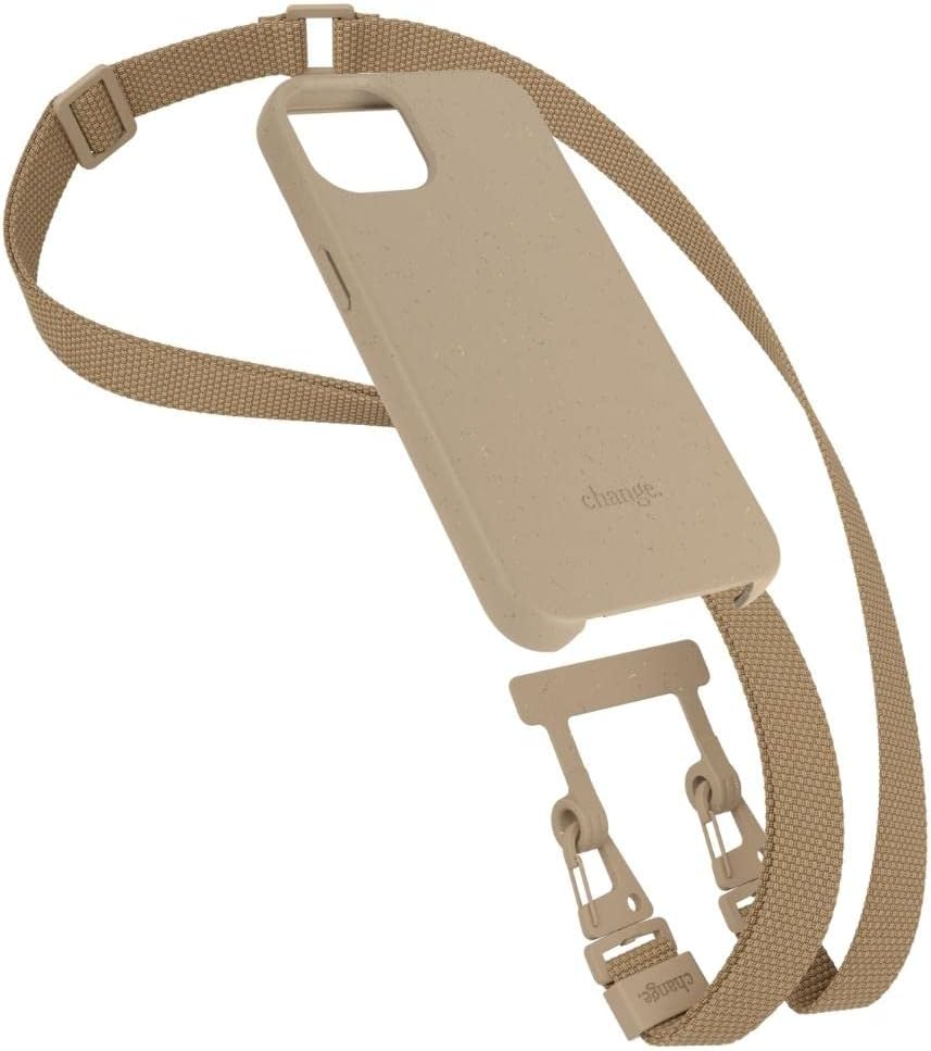 Nachhaltige iPhone 14 Plus Handykette mit Gurt, Taupe + Lanyard