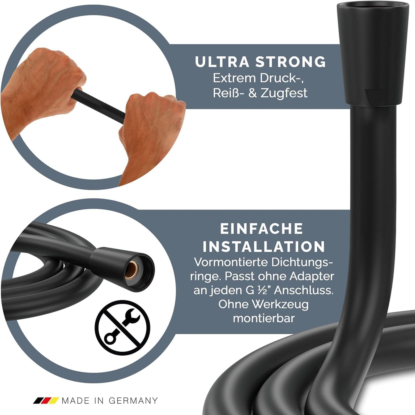 Handbrause mit Schlauch, Duschkopf mit Schlauch 160cm Schwarz PVC