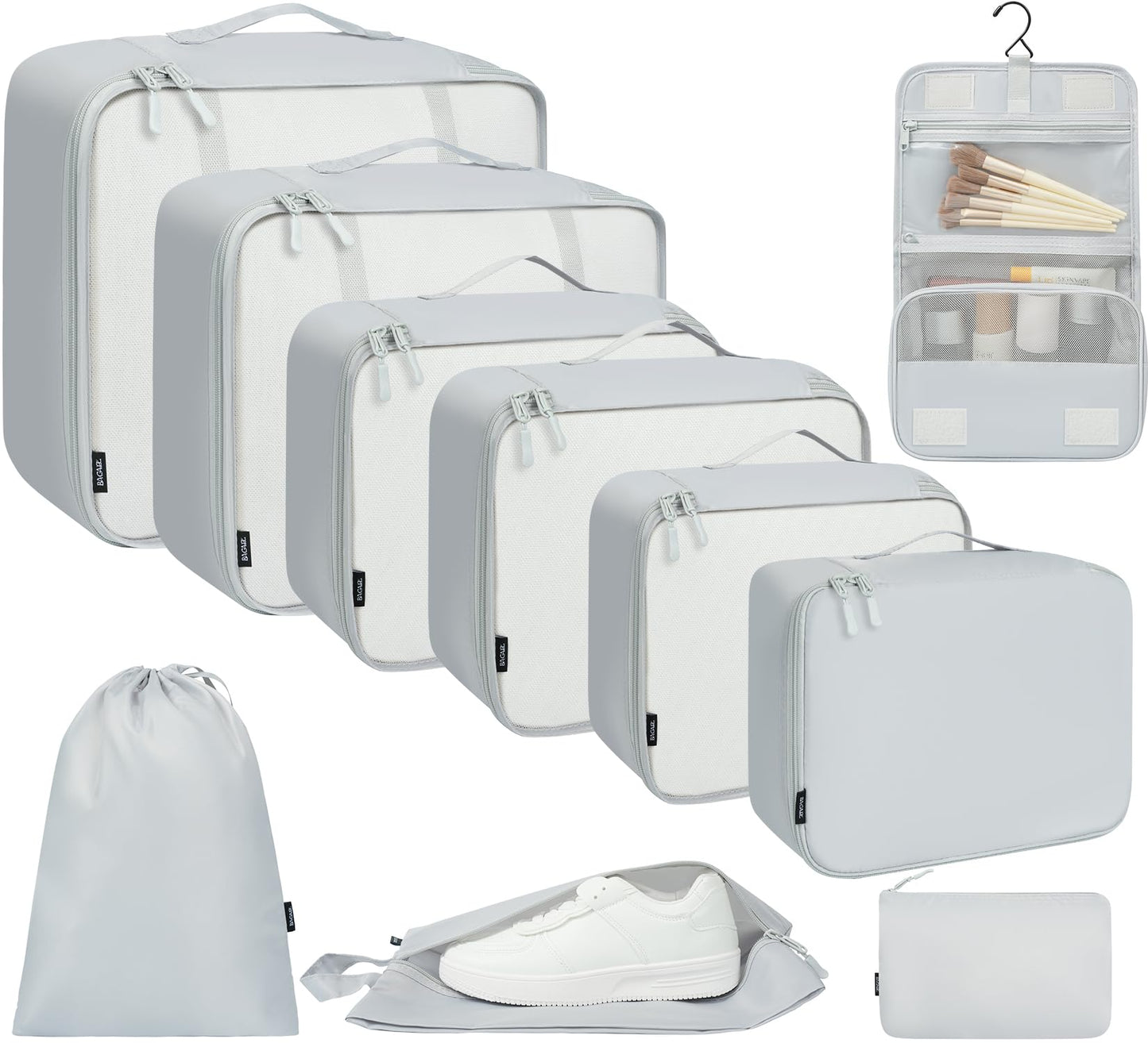 10-teiliges Packwürfel-Set für Reiseorganisation, 10er-set–hellgrau 10er-Set, Vollgitter