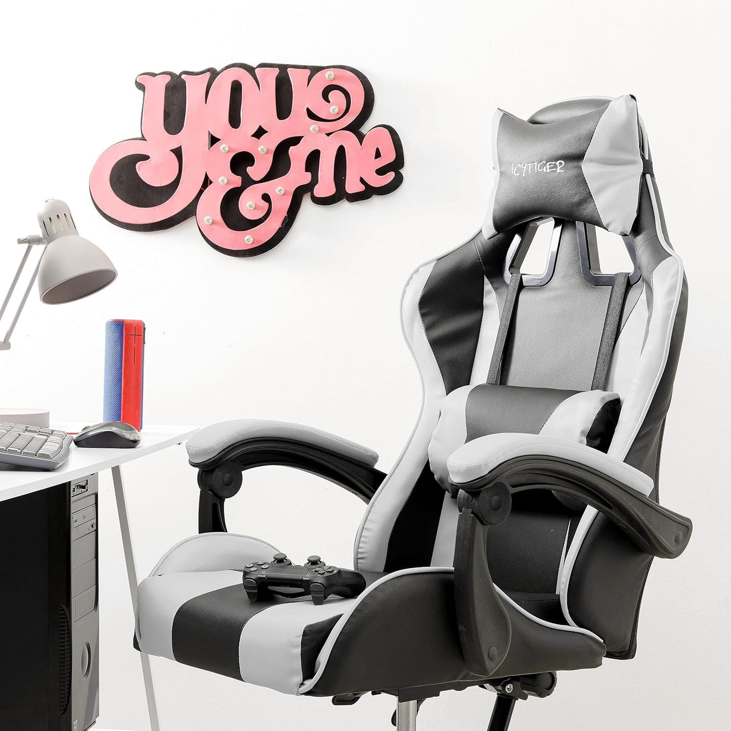 Ergonomischer Gaming-Stuhl mit verstellbarer Rückenlehne, Weiss