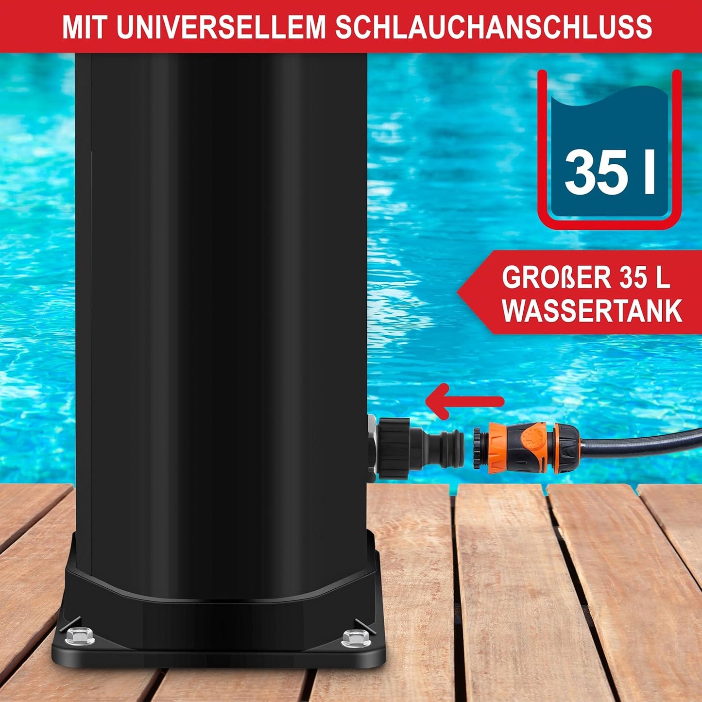 Solardusche Garten mit Thermometer & Wasserhahn 35L, Schwarz