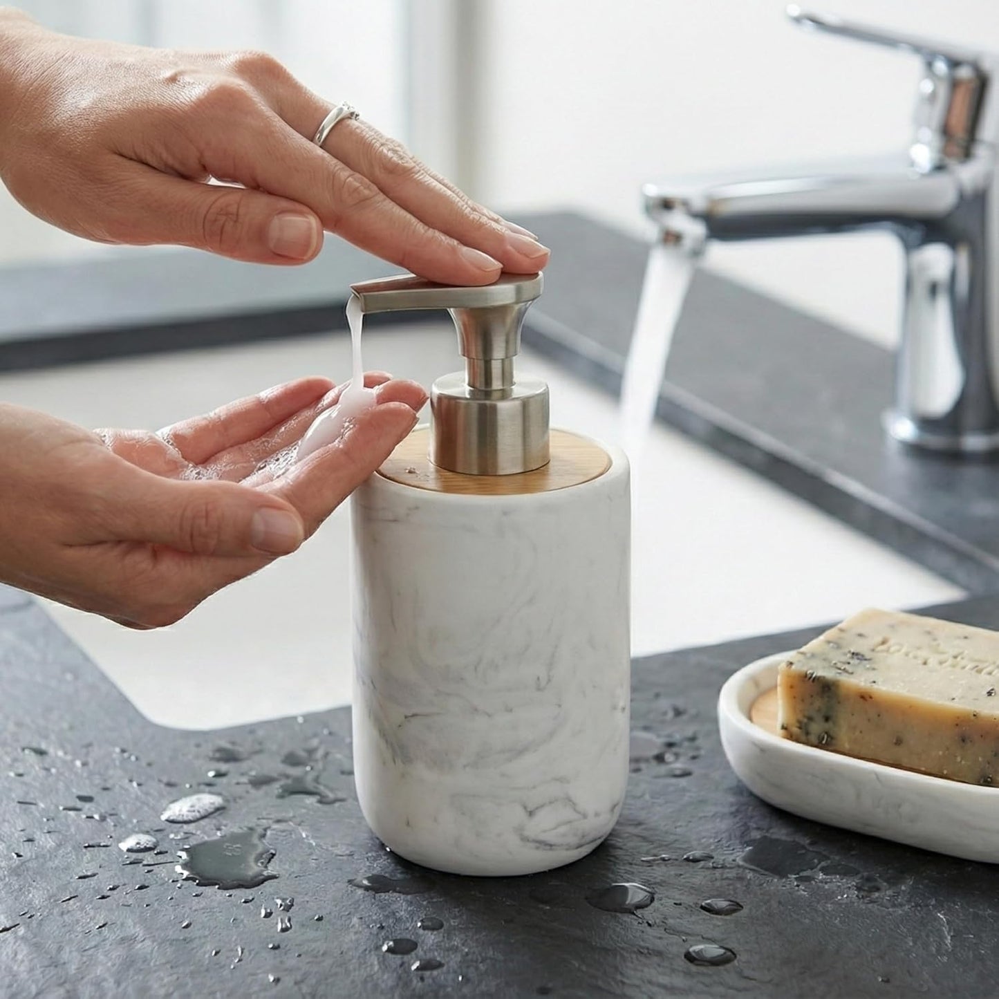Badezimmer-Set 3-teilig (Seifenspender, Becher, Schale), Set 3 Marble