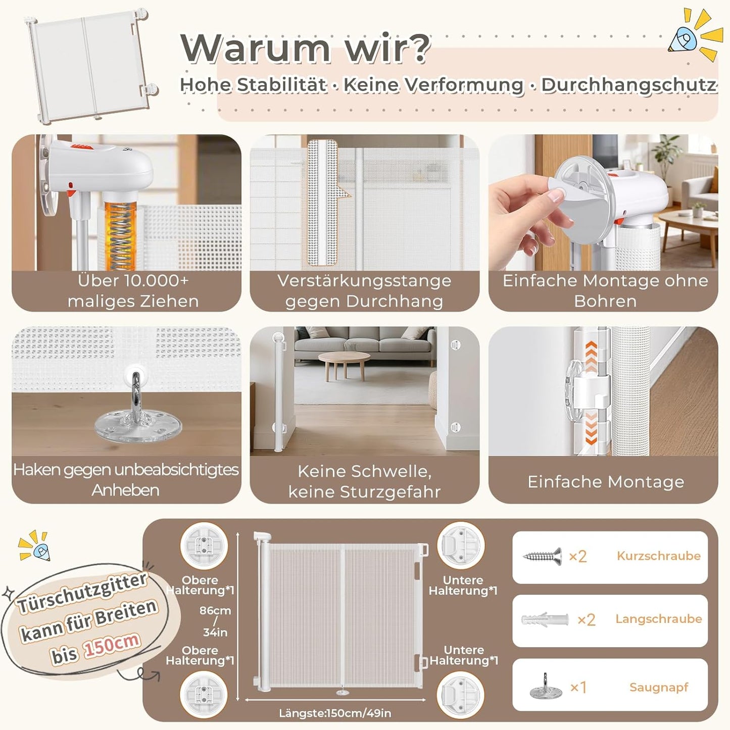 Ausziehbares Türschutzgitter mit Stützstangen, ohne Bohren, 150 cm - Ohne Bohren