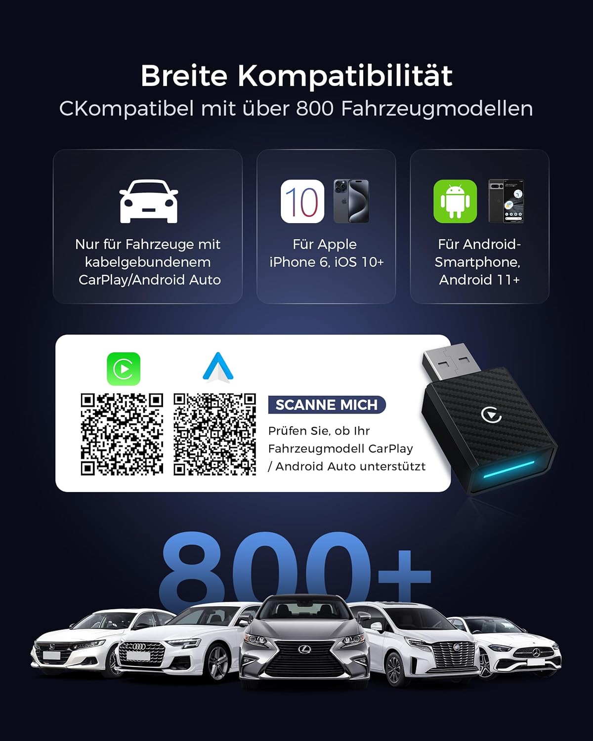 2-in-1 CarPlay & Android Auto Wireless Adapter, Schwarz