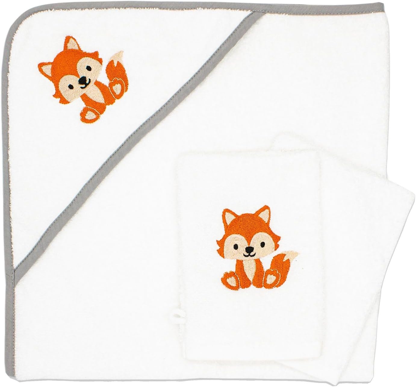 3-teiliges Baby Kapuzenhandtuch-Set mit Waschlappen, Fuchs-Motiv, 100 x 100 cm, Fuchs Weiß 100 x 100