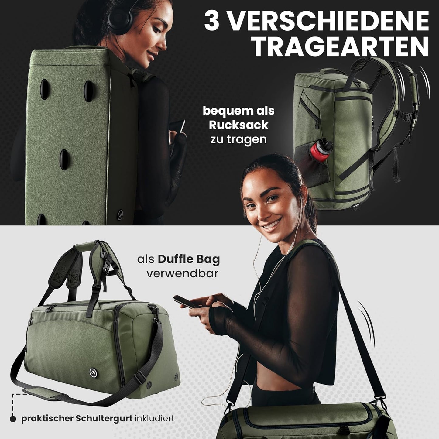 Sport- und Reisetasche mit Rucksack-Funktion, 60 L Grün