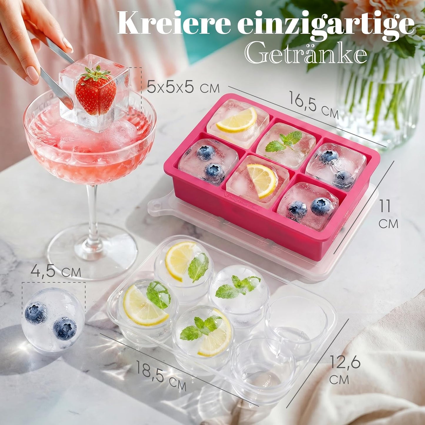 Eiswürfel- & Eiskugelform-Set, Pink 02x Kugel+Würfel