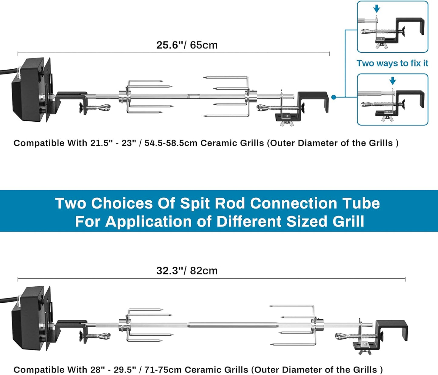 Grillspiess Set mit Elektromotor für Big Green Egg, Kamado Joe Classic, Pit Boss K22