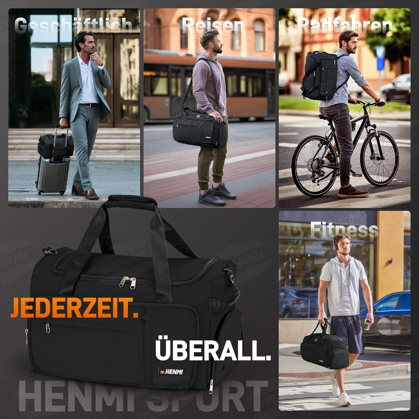 Sport- und Reisetasche mit Schuh- und Nassfach, Schwarz