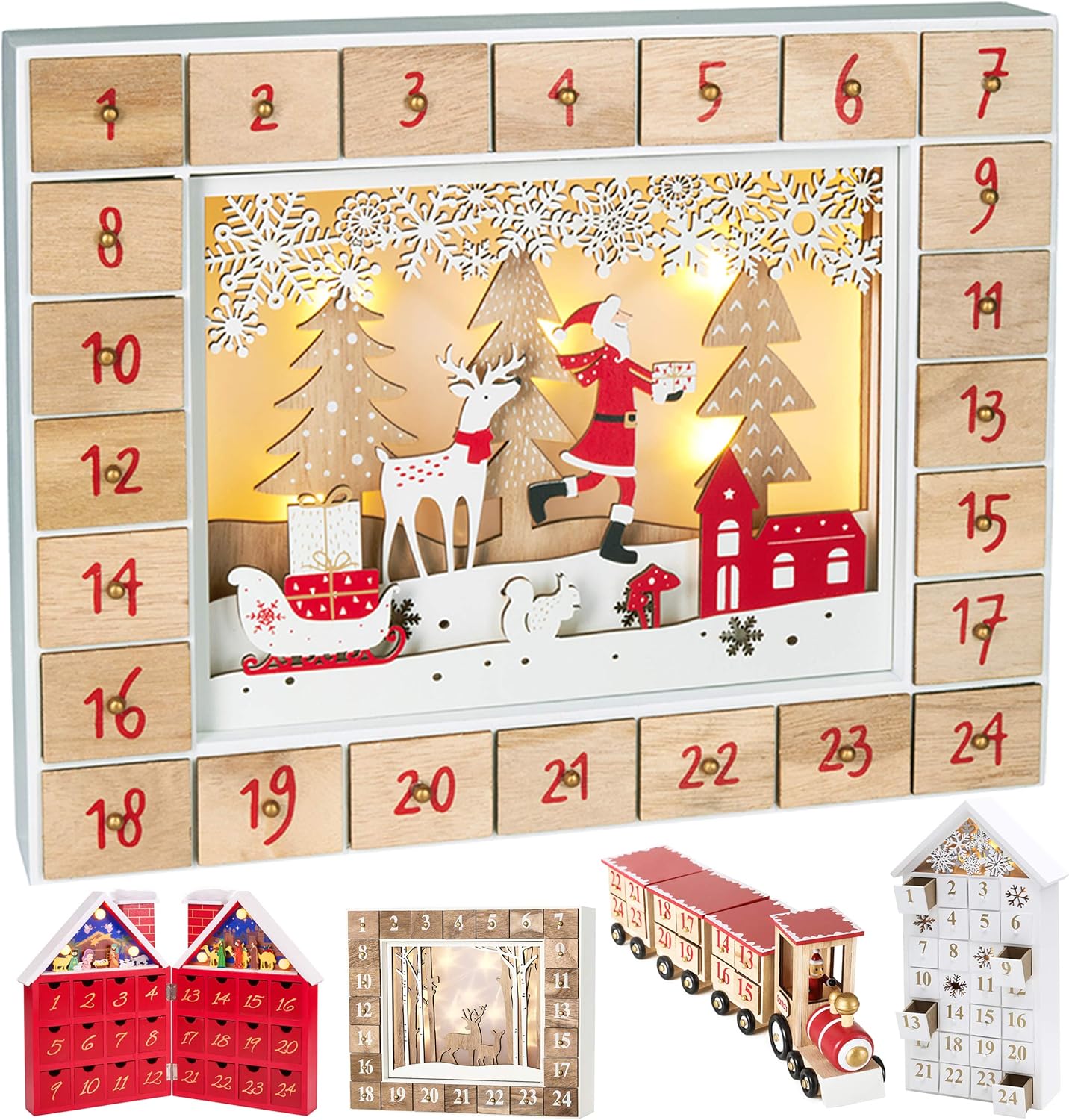 Adventskalender aus Holz zum Befüllen, Weihnachtsmann im Wald mit LED Beleuchtung