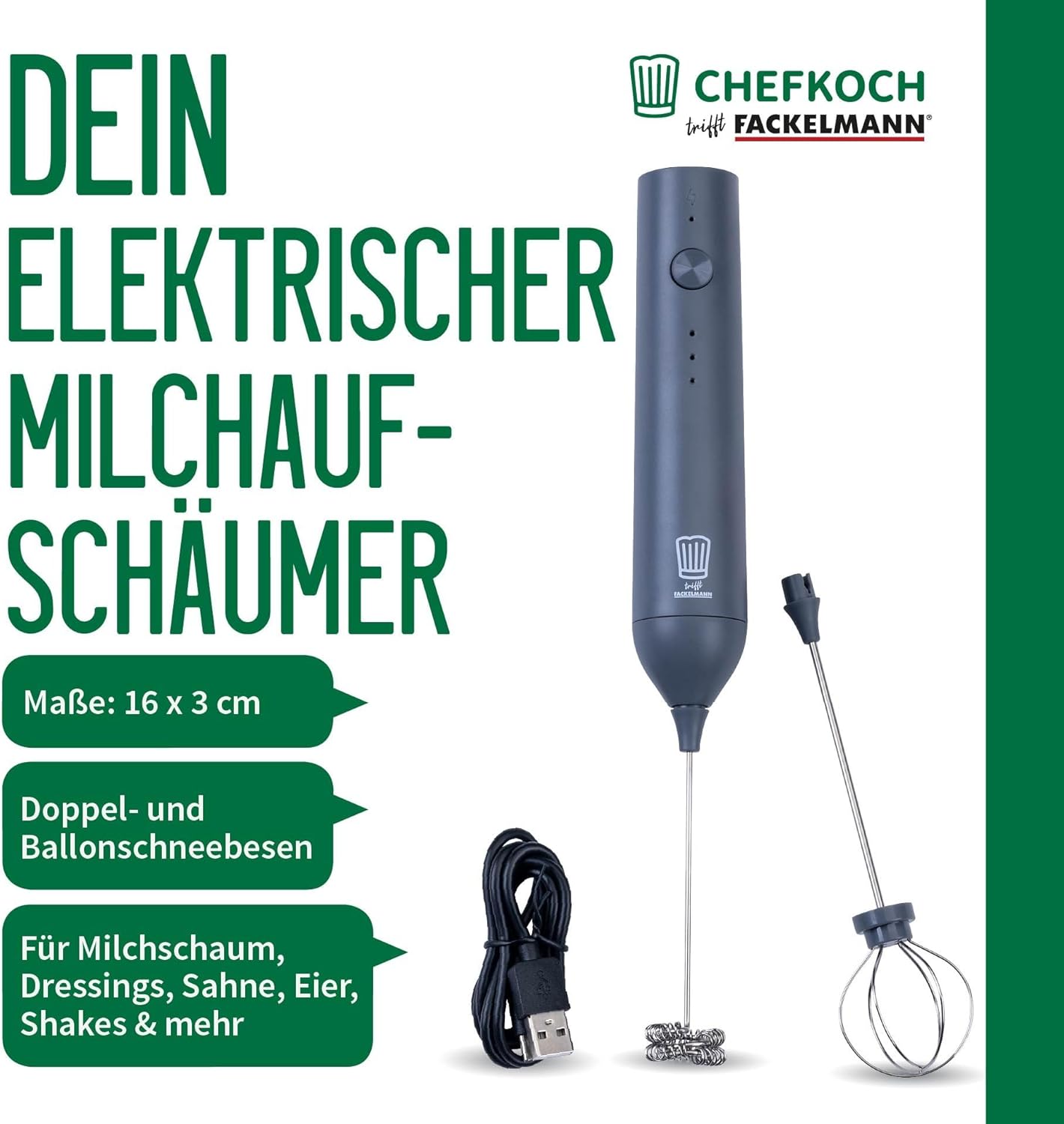 Elektrischer Milchaufschäumer mit USB-C-Aufladung und Schneebesen
