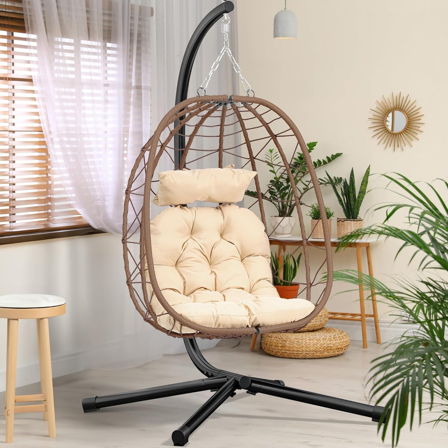 Hängesessel mit Kissen und Gestell, Sitz mit Ständer Braun