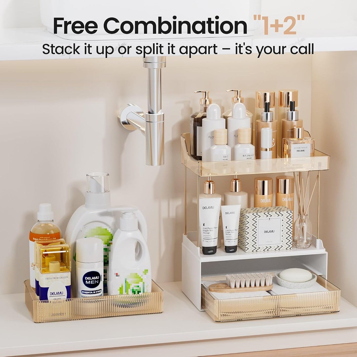 Make-up Organizer mit Schubladen und 2 Etagen, Bernstein