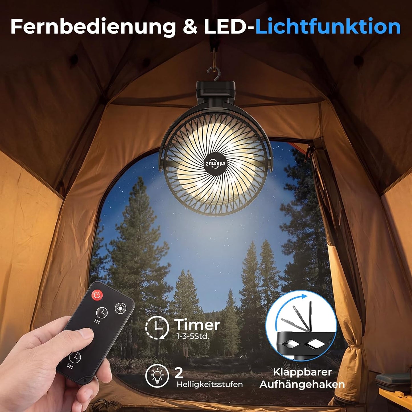 Campingventilator mit LED-Licht und Powerbank-Funktion, 20cm