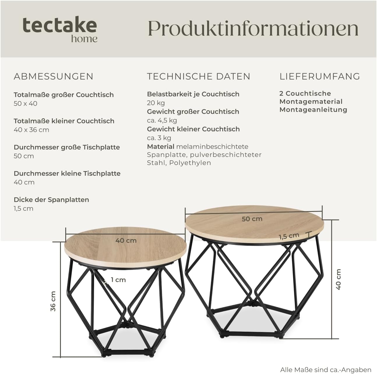 Couchtisch-Set Benham, Industrial Holz Hell, Eiche Sonoma 2er Set Benham