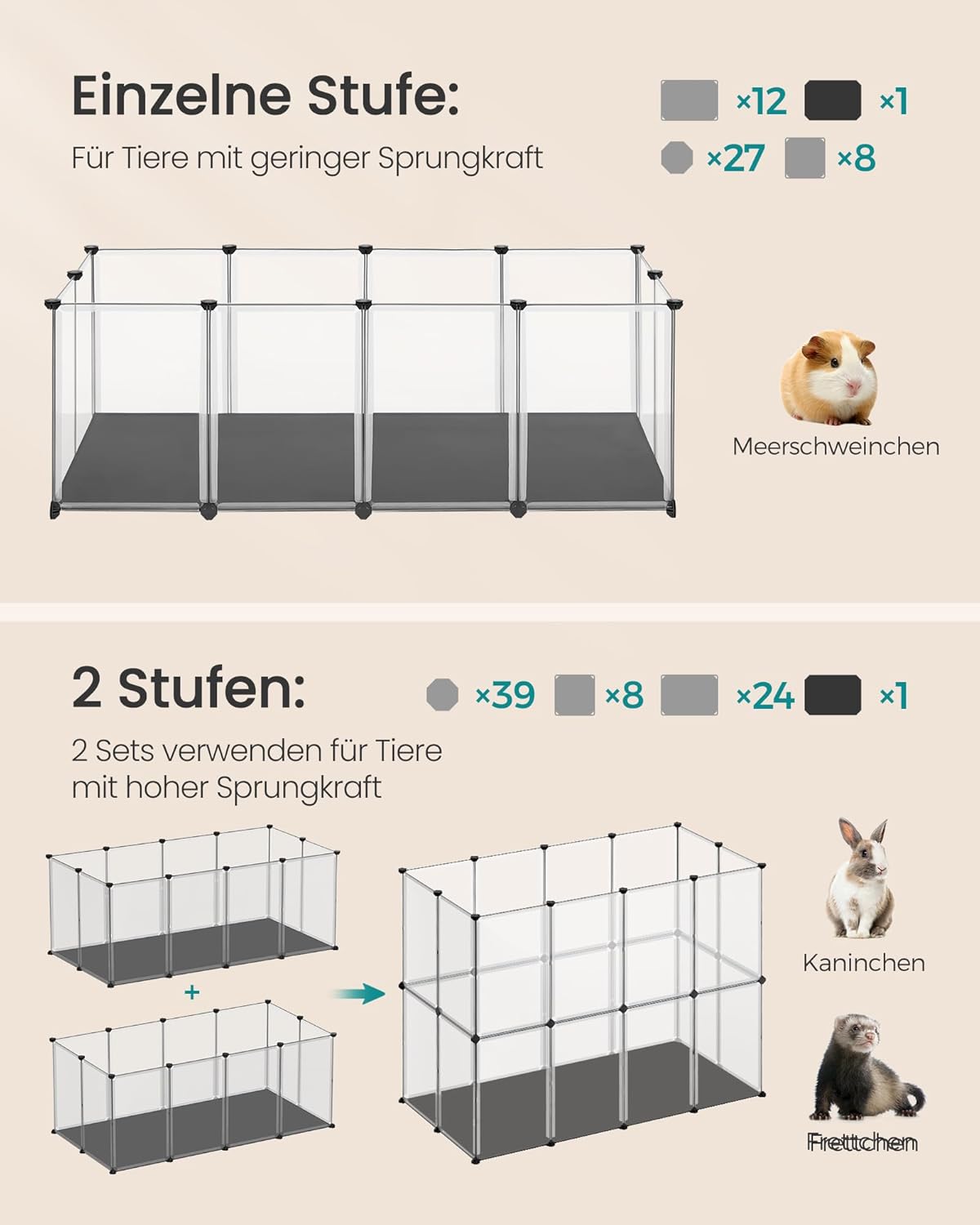 Kleintiergehege mit Bodenplatten, 125 x 63 x 42 cm, 125L x 63B x 42H cm