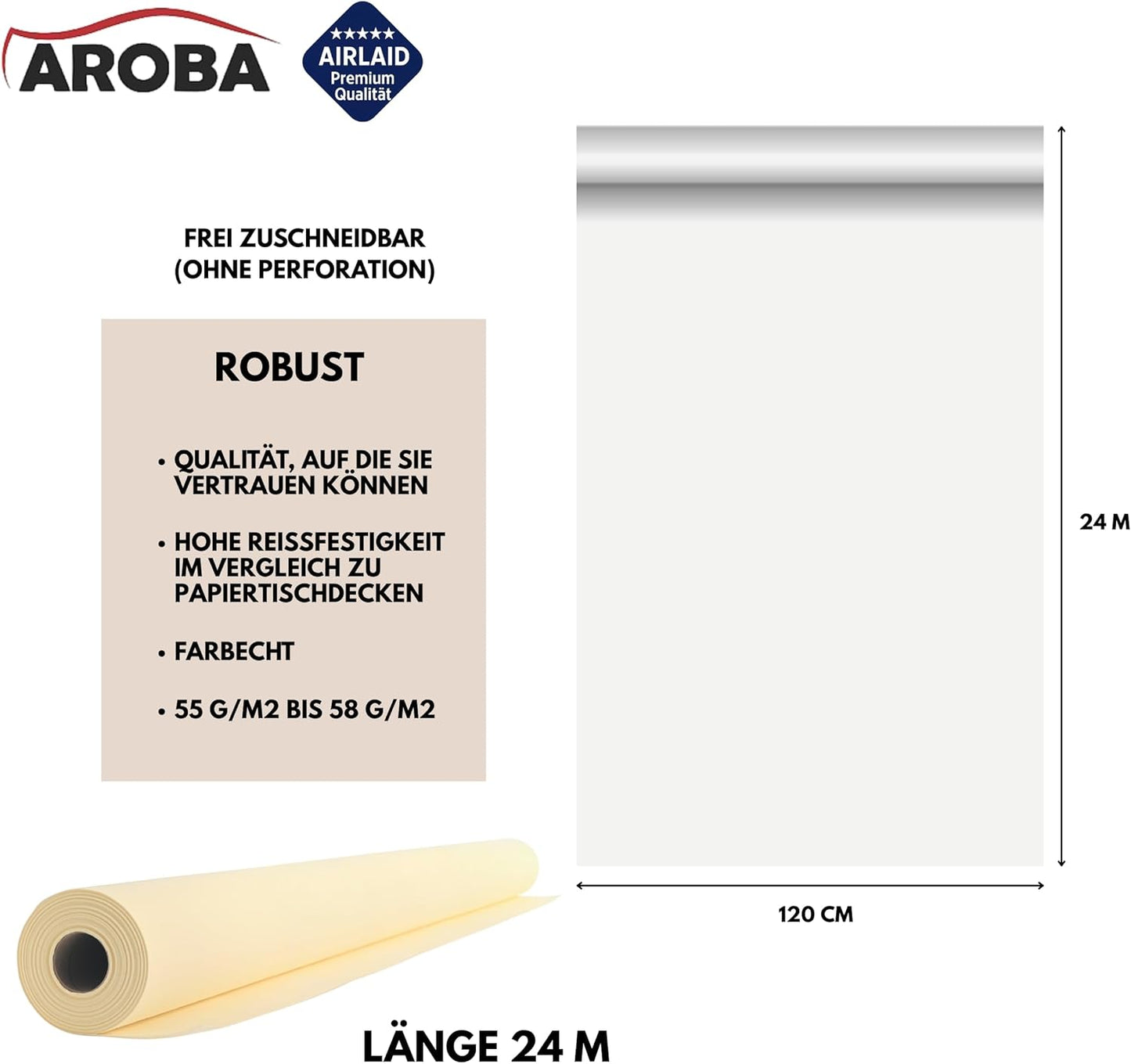 Airlaid Tischdeckenrolle, 2400 x 120 cm (Rechteckig) Beige
