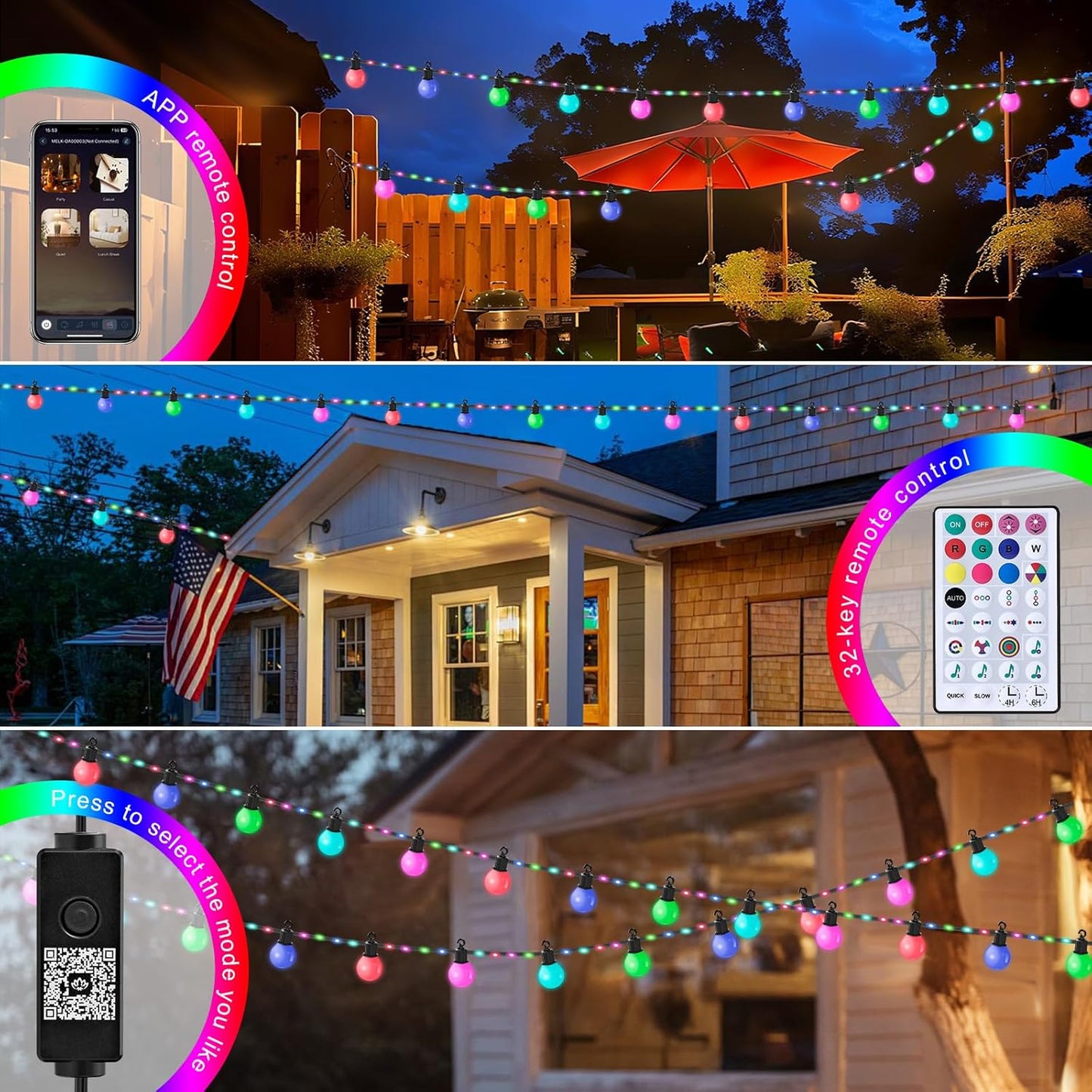 LED Lichterkette mit 26x G40 Glühbirnen, 132 LEDs und Timer, 20 M RGB Lichterkette Aussen USB