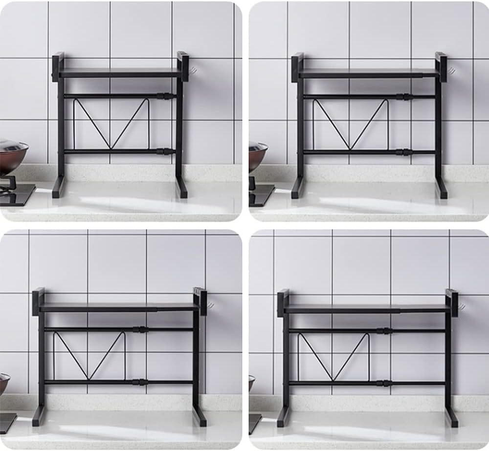 2-stöckiges Mikrowellen-Regal höhenverstellbar, mit 3 Aufhängehaken, 2 Ebenen, Schwarz, 40-65 Cm, 1 Stück