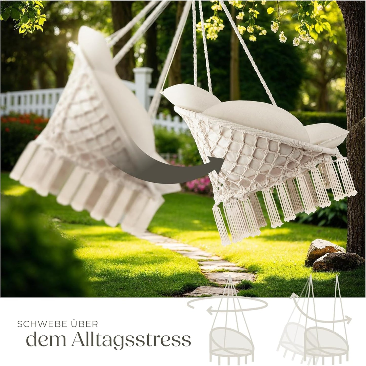 Hängesessel Samira mit Gestell & Kissen, Boho-Stil 80 cm, Beige