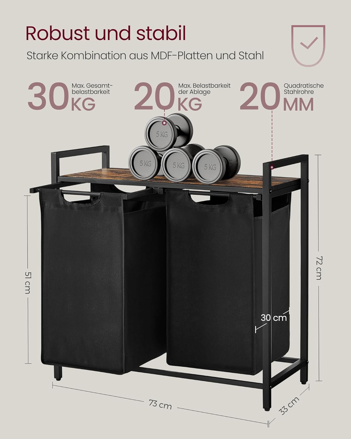 Wäschesammler mit Ablage und 2 Fächer, Tintenschwarz + Vintagebraun 92 L (2 Fächer)