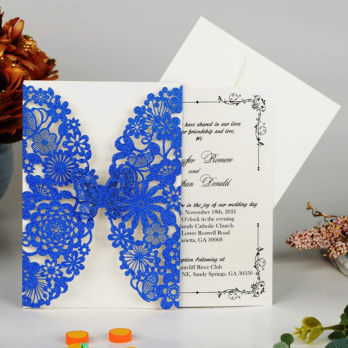 Laserschnitt Hochzeitseinladungen mit Schmetterling, 20 Stück Leeres Papier ;  Blau Glitzer