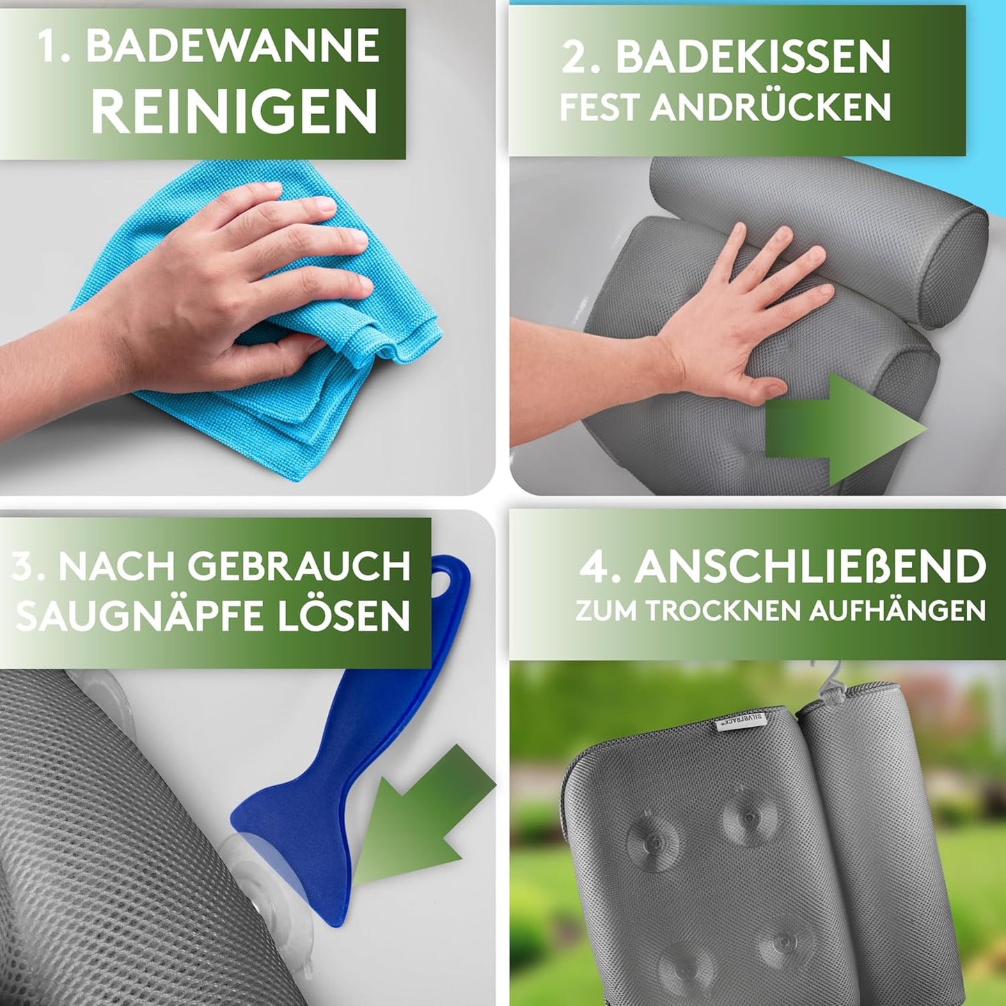 Ergonomisches Badewannenkissen mit Saugnäpfen, 3D Grau