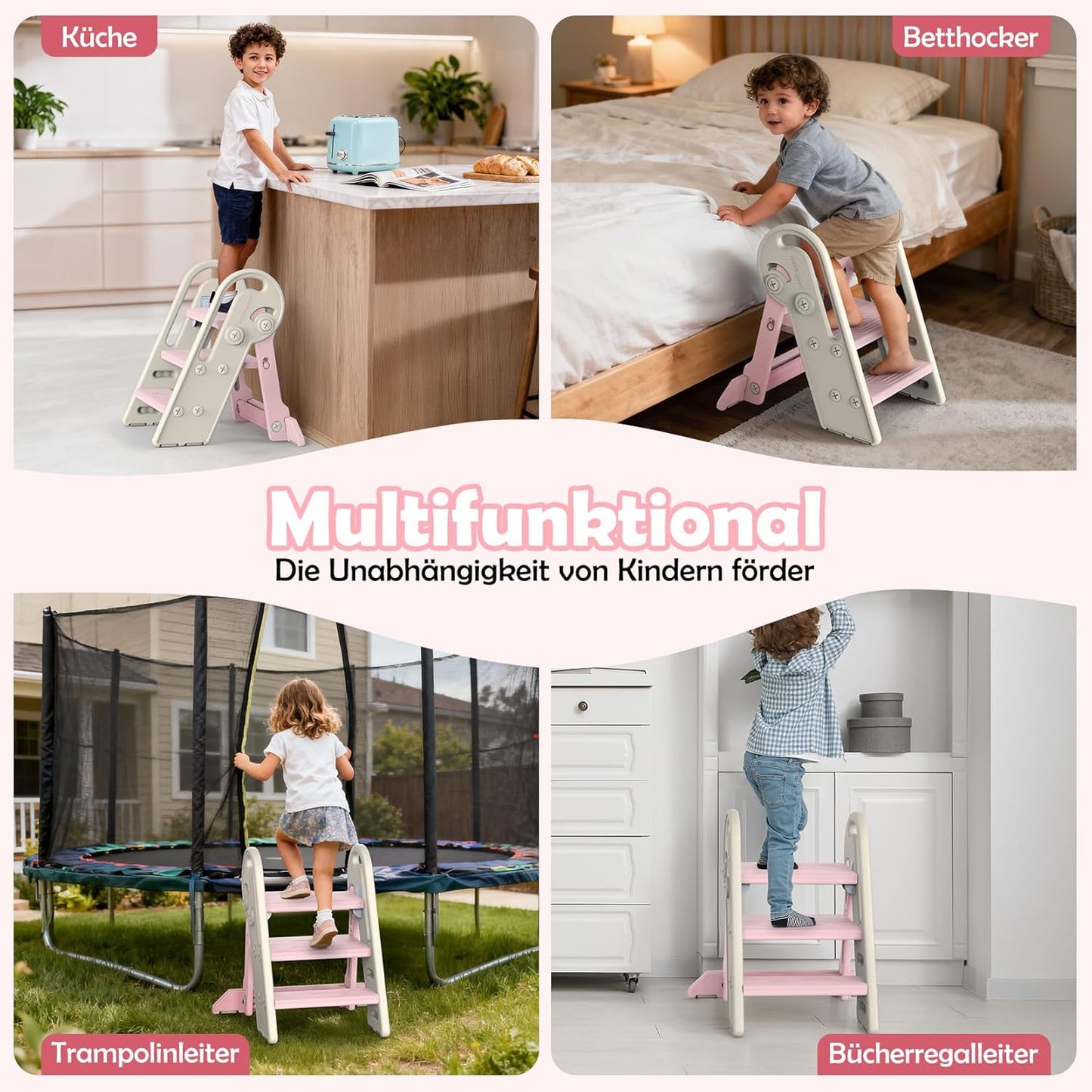 Höhenverstellbarer Tritthocker für Kinder, klappbar, Rosa