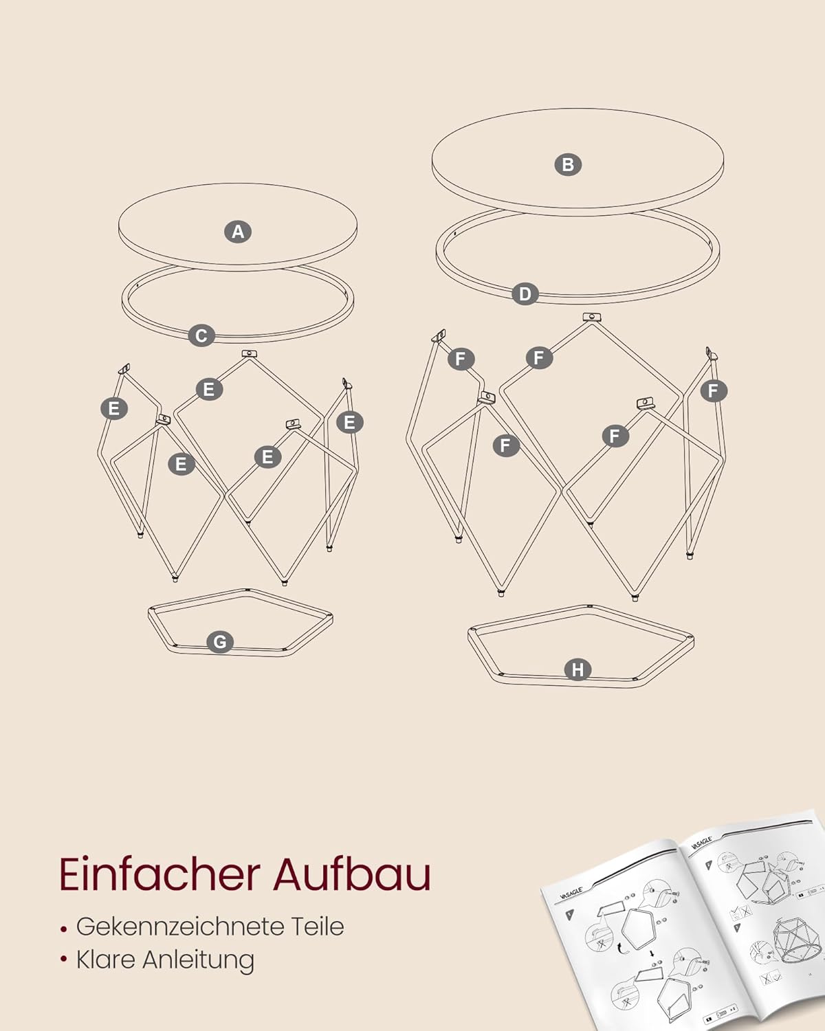 Runder Couchtisch-Set mit abnehmbarer Platte (2-teilig), (50d x 40H) cm+(40d x 36H) cm Honigbraun + Wolkenweiss