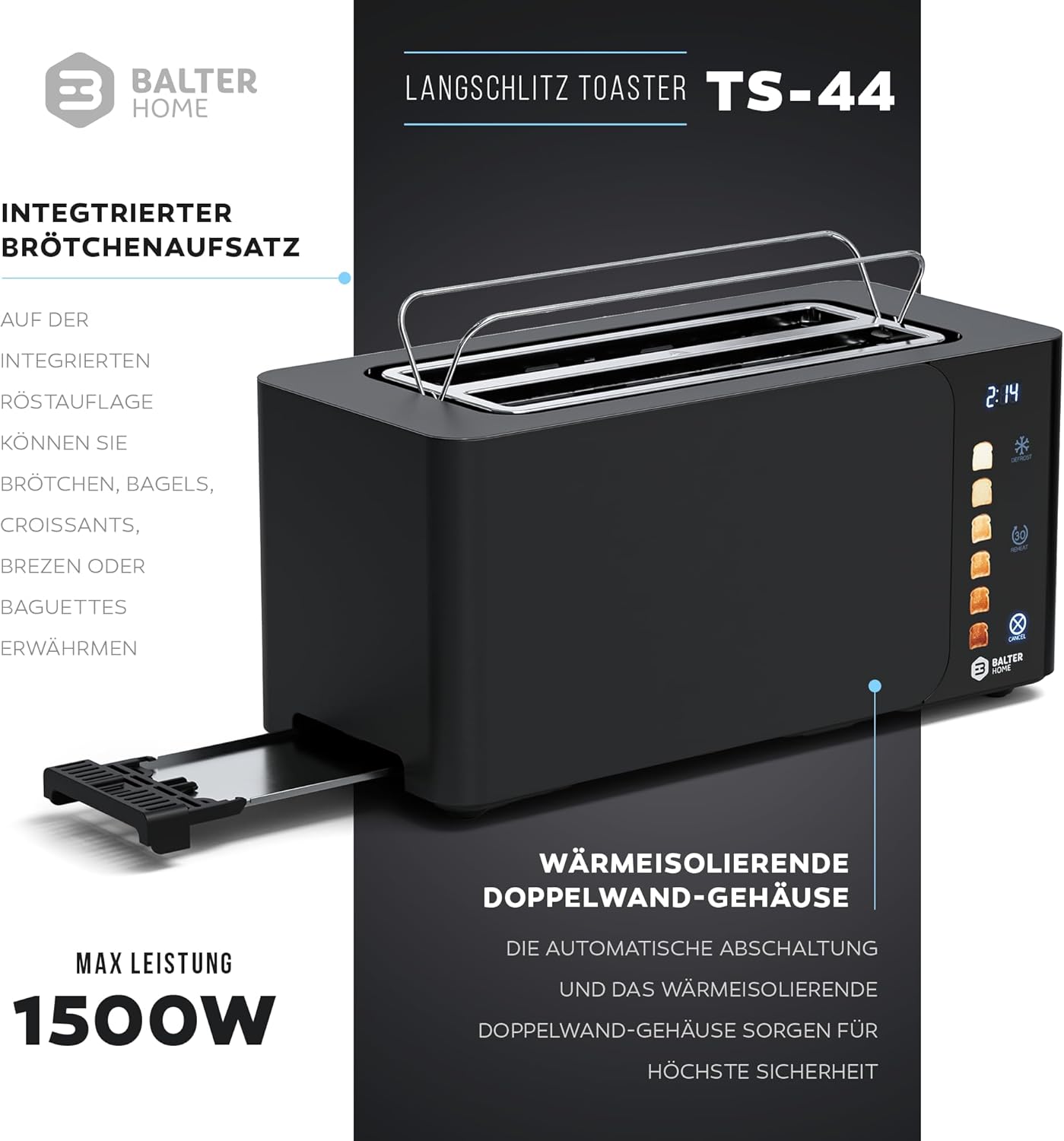 Langschlitztoaster TS-44 mit Touch-Bedienung und LCD Display, Schwarz Touch S
