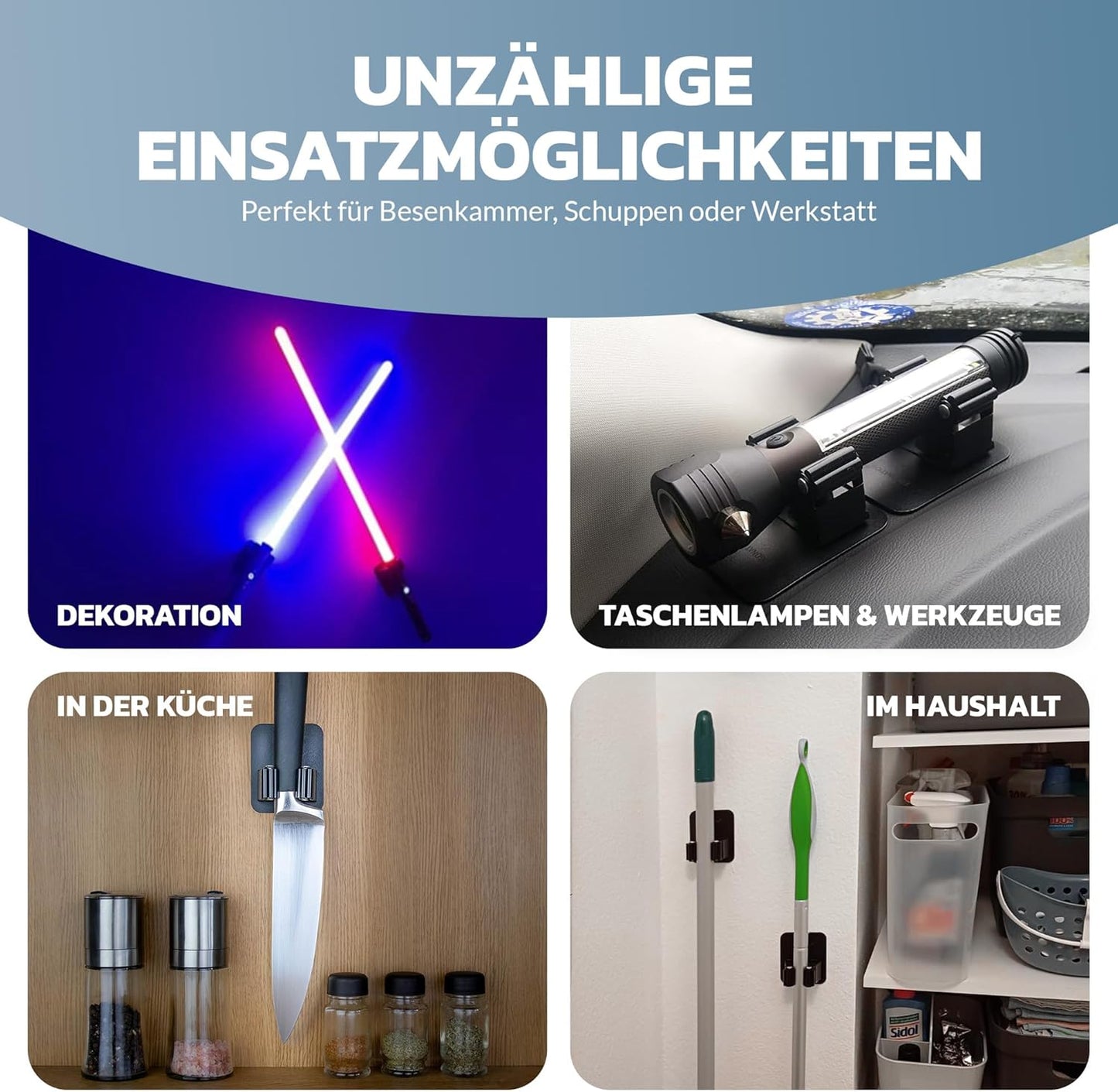 Selbstklebender Besenhalter für die Wand, Schwarz 4